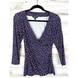 Lauren Ralph Lauren Black Label Womens S Navy Floral Faux Wrap 3/4 Sleeve Blouse